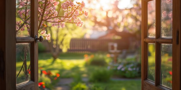 Fenetre en bois sombre, ouverte sur un jardin avec branches de pêcher en fleurs à gauche, pallissade bois au fond et pelouse avec parterres de fleurs